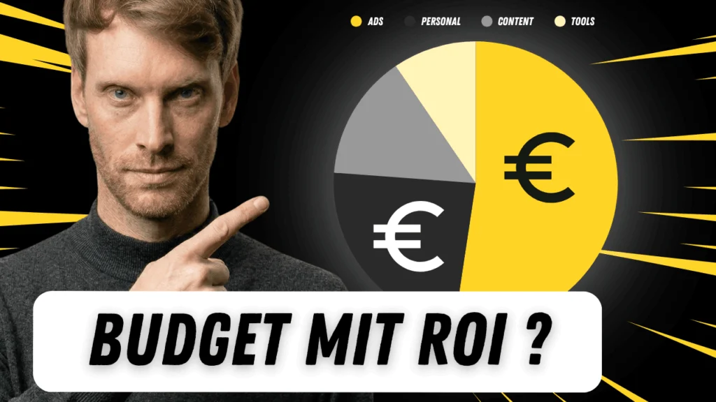 Dennis Redder neben einem Tortendiagramm zur Budgetaufteilung auf Ads, Personal, Content und Tools, Schriftzug „Budget mit ROI?“