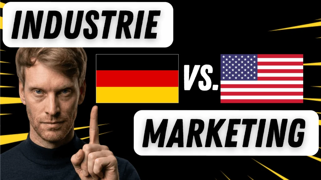 Dennis Redder zwischen deutscher und US-amerikanischer Flagge, Titelbild zum Vergleich des Industrie-Marketings in Deutschland und den USA