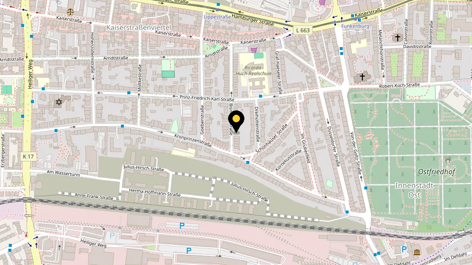 Street map of the eastern part of Dortmund city center. The marker shows Bismarckstraße 54, between Prinz-Friedrich-Karl-Straße and Kronprinzenstraße.